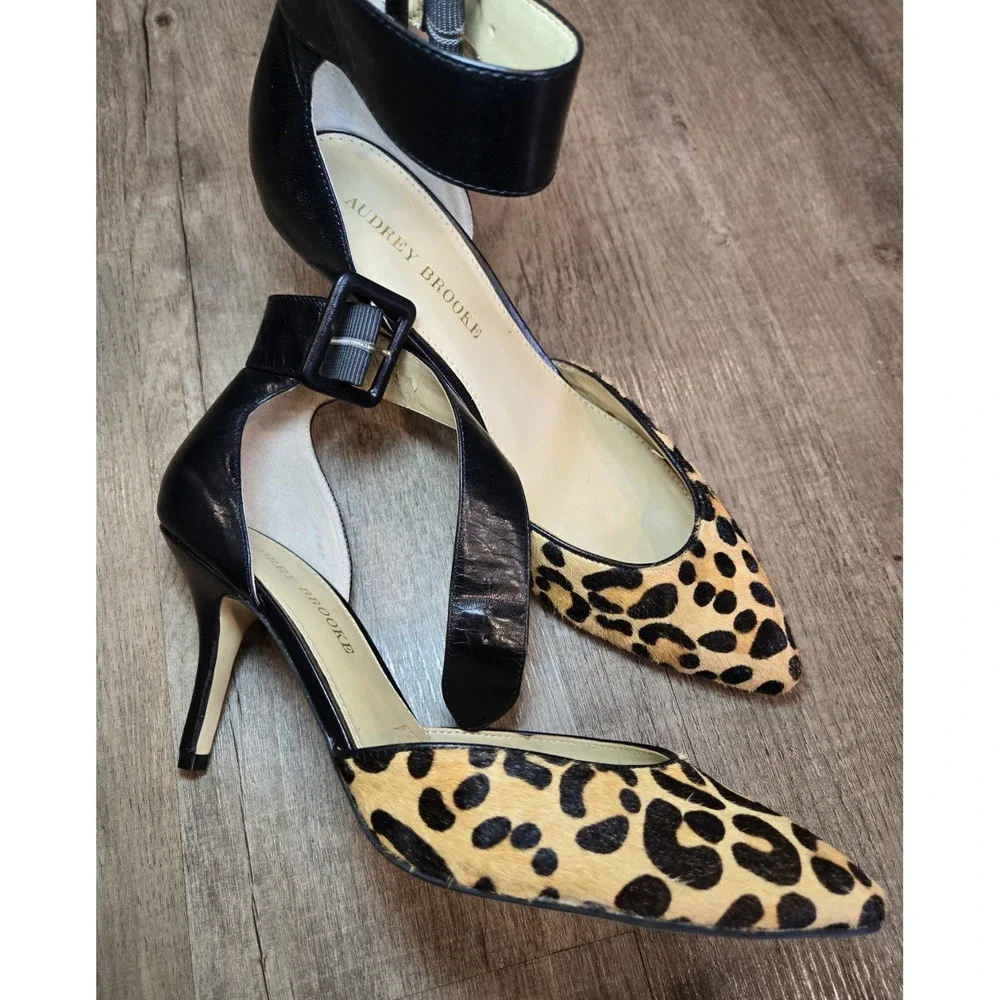 Audrey Brooke Womens Sandal Heel Brown Leather Leopard Ankle Strap High 9.5 M